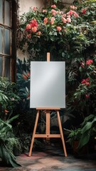 A white, blank canvas on an easel stands in front of the entrance to a modern restaurant, surrounded by lush, green plants and blooming flowers. mockup, sign