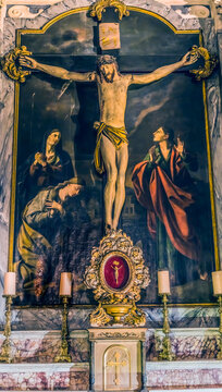 Chapel Lady Seven Sorrows Crucifixion painting Basilica Saint Marie and Saint Reparte de Nice, Cote d'Azur, France. Chapel from 1600's painting by Joseph Provensau in 1837