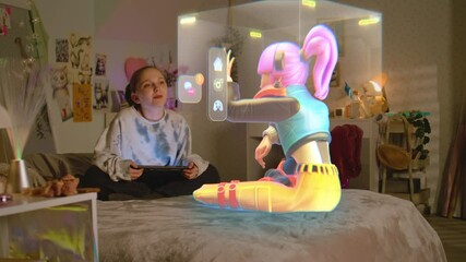 Young girl uses tablet computer, talks to virtual reality hologram in metaverse sitting on bed at home. Futuristic 3D graphics of animated avatar. Technology of AI friend simulation. Augmented reality - Powered by Adobe