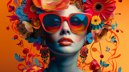 Obraz premium A woman adorned with sunglasses and a floral arrangement on its head on bright collage background. Contemporary modern trendy stylish pop art in bold hues