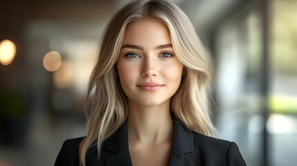 Fototapeta premium Close-up portrait of a smiling blonde woman in a black blazer.