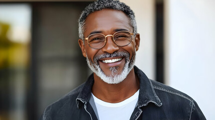 Obraz premium Close-up portrait of a smiling senior man with glasses and grey hair, wearing a denim jacket.