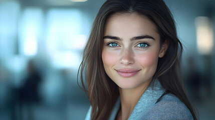 Obraz premium Close-up portrait of a smiling woman with blue eyes and long brown hair, wearing a grey sweater, in a modern office setting.
