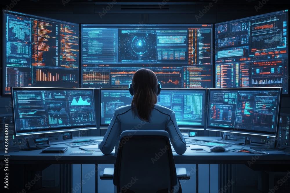 Poster a focused professional analyzing multiple screens in a high tech surveillance room symbolizing the i