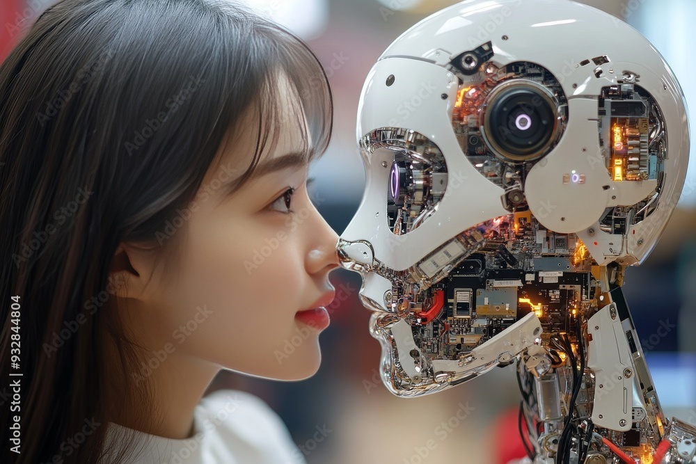 Poster a curious woman closely examining a humanoid robot in an outdoor setting representing the evolving r