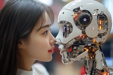 Fototapeta premium A curious woman closely examining a humanoid robot in an outdoor setting representing the evolving relationship between humans and robots curiosity and the future of human robot interaction