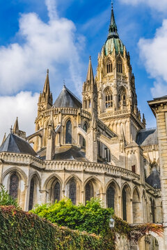 Outside, Bayeux Cathedral, Bayeux, Normandy, France. Catholic church consecrated by King William the Conqueror in 1077
