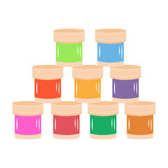 Colorful paint bottles. Dye pots, acrylic jars, gouache cans. Materials for drawing. Painting tools for art class. Supplies for artist. Vector illustration isolated on a white background.
