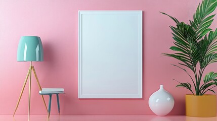 A white framed mirror is on a wall next to a green plant