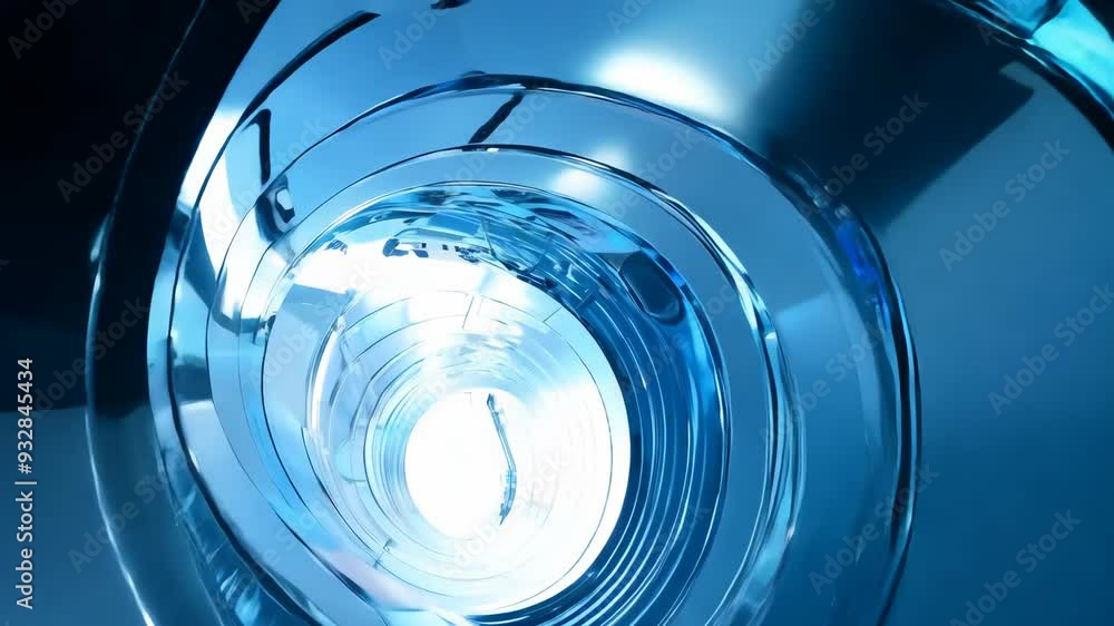 Poster exploring a futuristic tunnel structure illuminated by blue lights