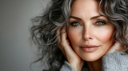 Naklejka premium Close-up portrait of a woman with gray curly hair and blue eyes looking at the camera.