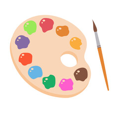 School paint palette. Box watercolor paints and brush. Creative tools for drawing, painting. Vector illustration isolated on a white background.