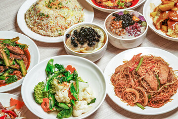 Assorted Chinese Cuisine, Egg Fried Rice, Sauteed Pork Liver, mix vegetables, Stir Fried Rice Vermicelli, Sweet sour fish fillet, saliva chicken, taro balls grass jelly, Honey Lemon Aloe vera boba