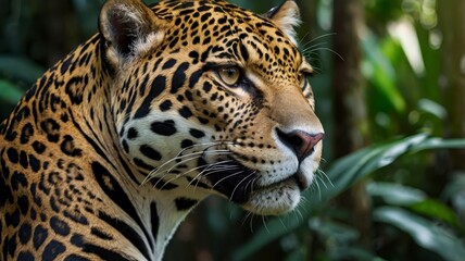 Obraz premium Close-up jaguar portrait in tropical jungle