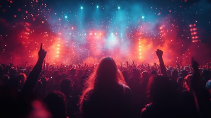 Obraz premium Crowd at a Concert with Bright Lights and Confetti