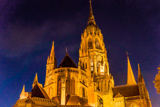 Illuminated, Bayeux Cathedral, Bayeux, Normandy, France. Catholic church consecrated by King William the Conqueror in 1077