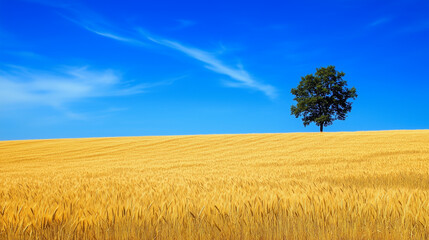Lonely tree in wheat field and blue sky with white clouds