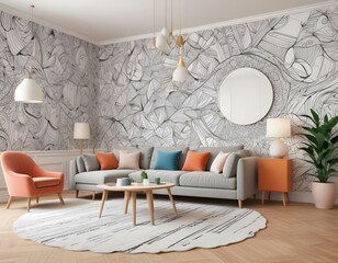 Photo modern style interior room 3d illustration with Abstract Doodle Pattern