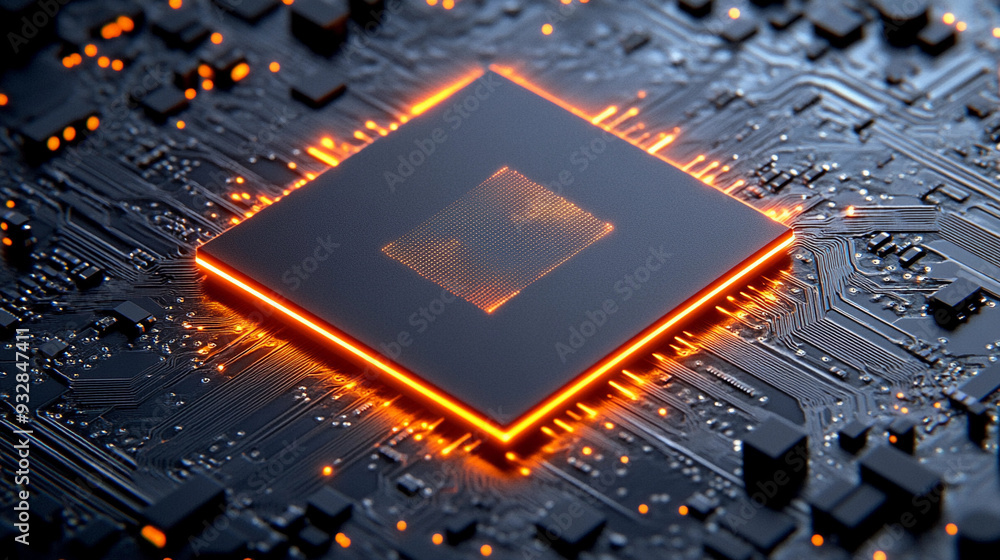Poster the glowing computer chip is surrounded by a complex circuit board, highlighting intricate designs a