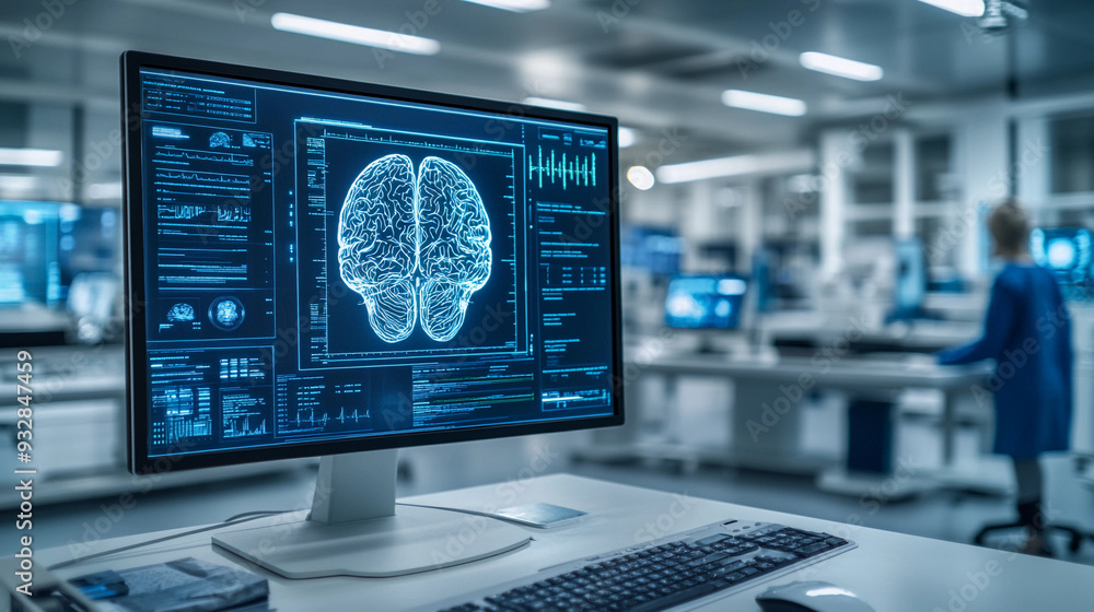 Poster a detailed brain scan is showcased on a computer monitor in a contemporary laboratory, with research