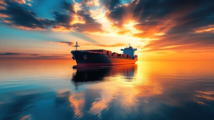 Fototapeta premium A large ship is sailing in the ocean at sunset