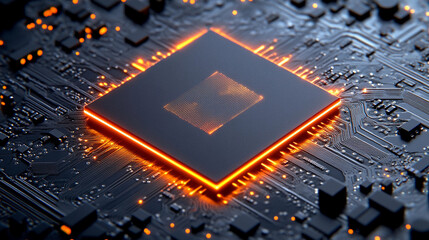The glowing computer chip is surrounded by a complex circuit board, highlighting intricate designs and vibrant orange lights