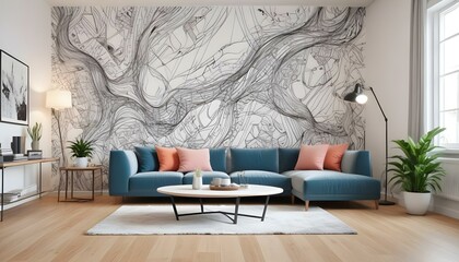 Photo modern style interior room 3d illustration with Abstract Doodle Pattern