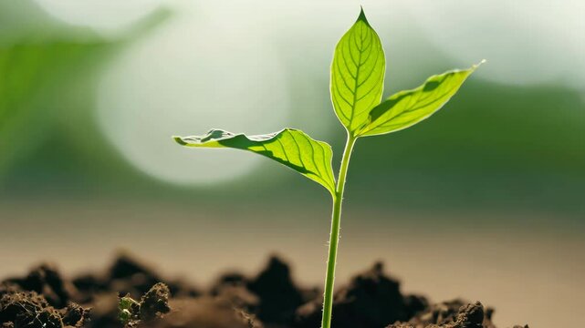Small plant emerges from dark soil in a sunlit garden during spring morning