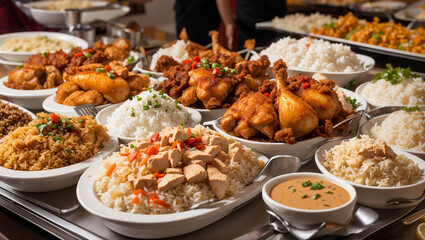 Obraz premium This image shows a variety of fried chicken and side dishes in white bowls and trays.