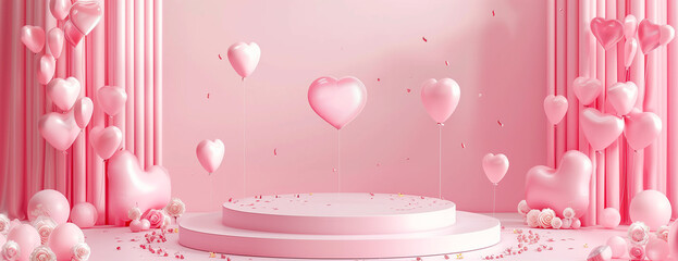 Hearts background podium, pink balloons display