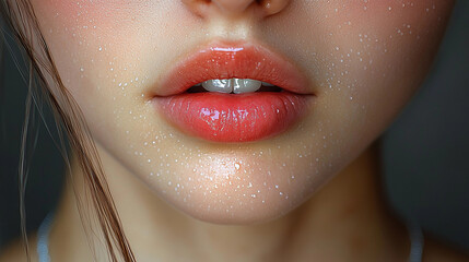 Fototapeta premium A young woman's lips shine with moisture, highlighting a skincare routine effect, with a soft focus on her radiant complexion