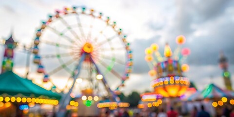 Blurred background of colorful carnival games and attractions.
