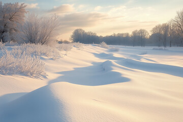 A serene snowy landscape features untouched snow blanketing the ground, illuminated by the soft light of the rising sun. The scene evokes a sense of tranquility and the pristine beauty of winter.