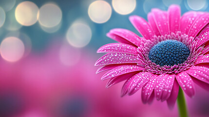 Obraz premium A bright pink daisy showcases its detailed petals adorned with water droplets in a blurred, colorful backdrop