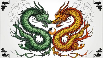 Intricately detailed vector line art depiction of two dragon