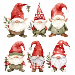 Watercolor Christmas gnomes with red hats and beards, holding holly and berries, festive holiday illustration.