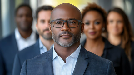 Fototapeta premium Confident businessman in suit and glasses looks directly at the camera, in front of a team of colleagues.