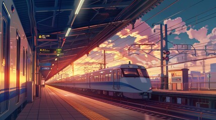 Naklejka premium A picturesque train station at sunset features a waiting train and colorful skies, creating a calm, inviting atmosphere for travelers