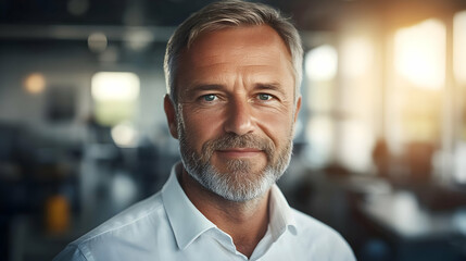 Confident businessman smiling in an office.