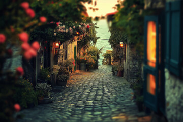 A magical old street leading to the sea, captured in tilt-shift style, blending charm and wonder.