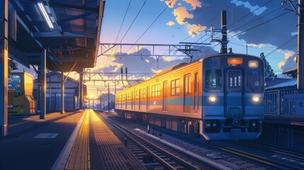 Fototapeta premium A train stands still at an anime-inspired station during sunset, surrounded by soft clouds and warm lighting