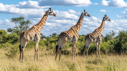 Obraz premium Three Giraffes Standing in a Savanna Landscape