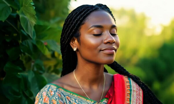 Gambian Woman Breathing Deeply in Serene Outdoor Setting