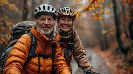 Fototapeta premium active senior couple with electrobikes standing outdoors onroad in nature