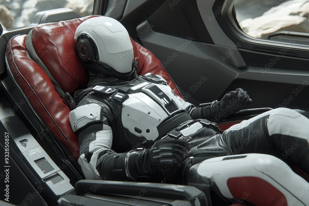 Poster a futuristic astronaut in a space shuttle deep in thought as he embarks on a journey through the cos