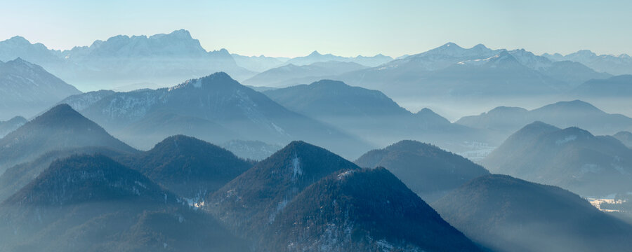 View towards Zugspitze. View from Mount Schonberg near Lenggries in the Bavarian Alps during winter. Germany, Bavaria.