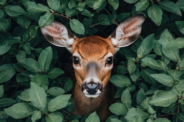 Curious deer peeking through lush green foliage