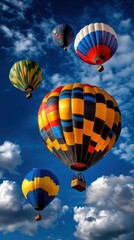 Fototapeta premium Colorful hot air balloons float against a bright blue sky