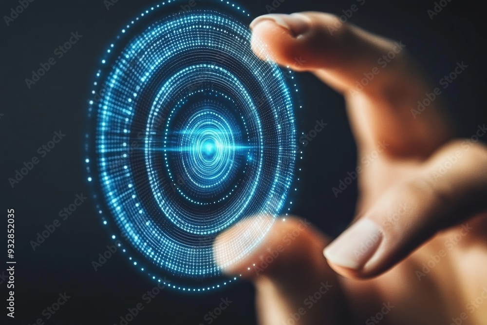 Poster a close up of a holographic interface being manipulated by a human hand symbolizing the future of di
