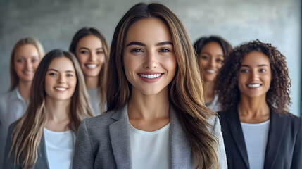 Confident businesswoman smiling in front of colleagues.